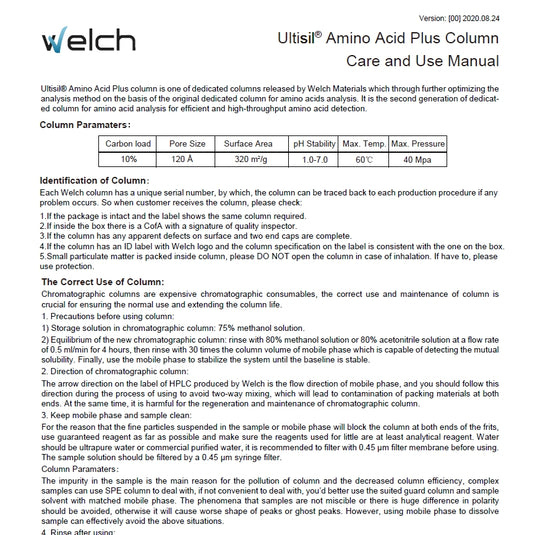 Ultisil Amino Acid Plus Column Care and User Manual