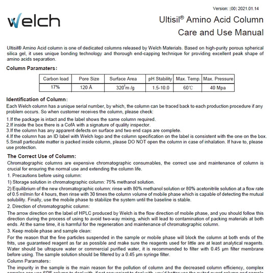 Ultisil Amino Acid Column Care and User Manual