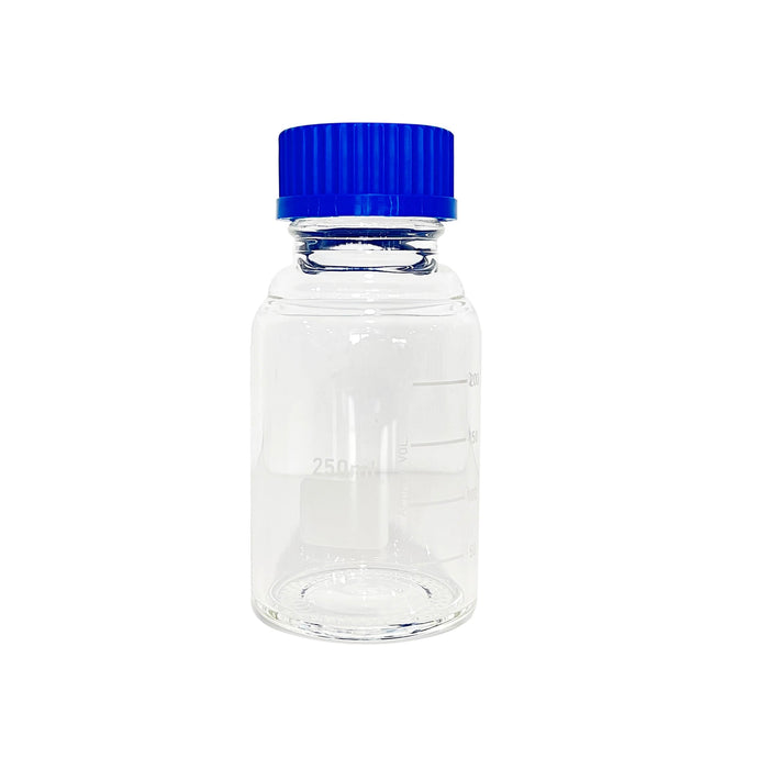 250mL GL45 Clear Laboratory Glass Tubing Bottle 3.3 Borosilicate. Blue PP Closed Screw Cap. 1 set/pk.