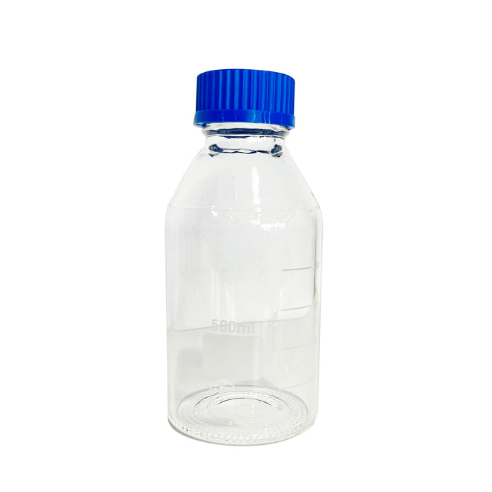 500mL GL45 Clear Laboratory Glass Tubing Bottle 3.3 Borosilicate. Blue PP Closed Screw Cap. 1 set/pk.