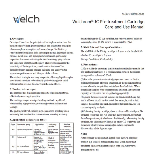 Welchrom IC Pre-treatment Cartridge Care and Use Manual