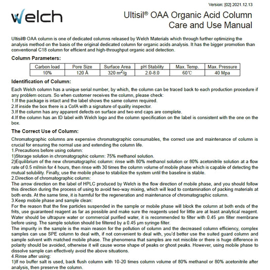 Ultisil OAA Column Care and User Manual