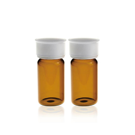 20mL 27.5×57mm Amber Glass EPA/TOC Vial 24-400 White Open Top PP Screw Cap with 22mm Natural PTFE/White Silicone 3.0mm thick Septa (EPA Quality) and Dust Cover. 100pcs/pk, 5pk/case.