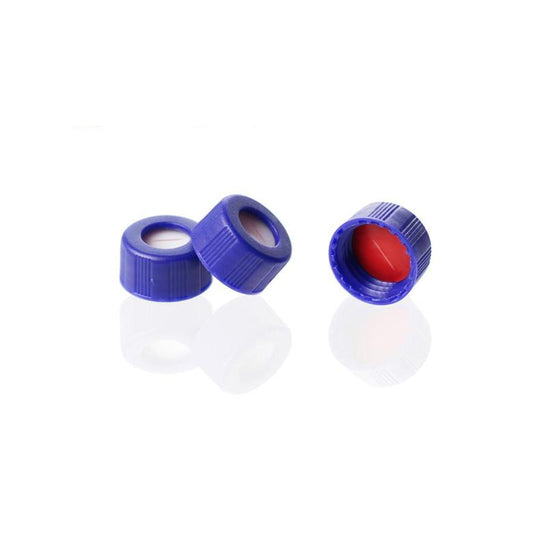 9-425 Blue Open Top Ribbed Screw Cap bonded with 9 mm Red PTFE/White Silicone Septa 1.0mm Thick. Pre-Slit. 100pcs/pk.