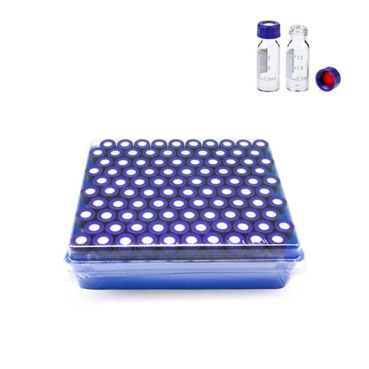 2mL Clear Glass 12×32mm Flat Base 9-425 Screw Thread Vial with Label. Blue 9-425 Open Top Ribbed Screw Cap with 9mm Red PTFE/White Silicone Septa 1mm Thick (UltraClean). Blue Kit Packing. 100pcs/pk, 10pk/case.