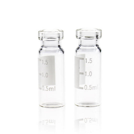 2mL Clear Glass Flat Base 11mm Crimp Vial Wide Opening with Label. 100pcs/pk.