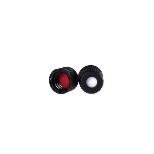 Black 8-425 Open Top Screw Cap with 8mm Red PTFE/White Silicone Septa 1.5mm Thick. 100pcs/pk.