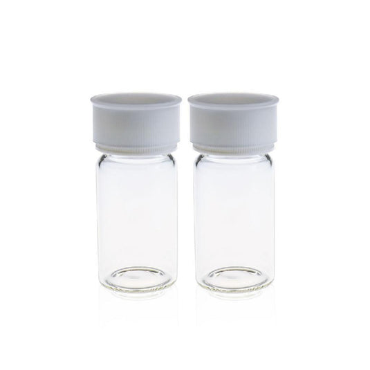 20mL 27.5×57mm Clear Glass EPA/TOC Vial 24-400 White Open Top PP Screw Cap with 22mm Natural PTFE/White Silicone 3.0mm thick Septa (EPA Quality) and Dust Cover. 100pcs/pk, 5pk/case.