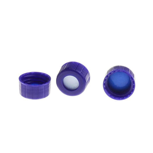 9-425 Blue Open Top Ribbed Screw Cap with 9mm Blue PTFE/White Silicone Septa 1mm Thick. 100pcs/pk.