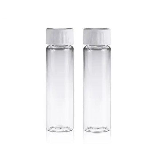 40mL 27.5×95mm Clear Glass EPA/TOC Vial 24-400 White Open Top PP Screw Cap with 22mm Natural PTFE/White Silicone 3.0mm thick Septa (EPA Quality). 72pcs/pk, 4pk/case.