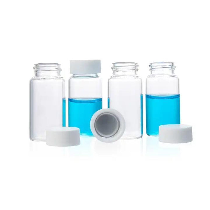 20mL Clear Glass Scintillation Vial 27.5×57.5mm with 22-400 White Closed Top PP Cap and Silver Aluminum Foil Liner. Vial+Cap+Septa are pre-assembled together. Packed with dividers. 100pcs/pk.