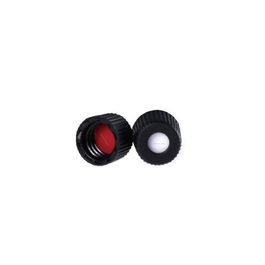 Black 8-425 Open Top Screw Cap with 8mm Red PTFE/White Silicone Septa 1.5mm Thick PRE-SLIT. 100pcs/pk.