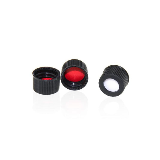 13-425 Black PP Open Top Screw Cap with Red PTFE/White Silicone Septa 1mm Thick. 100 pcs/pk.