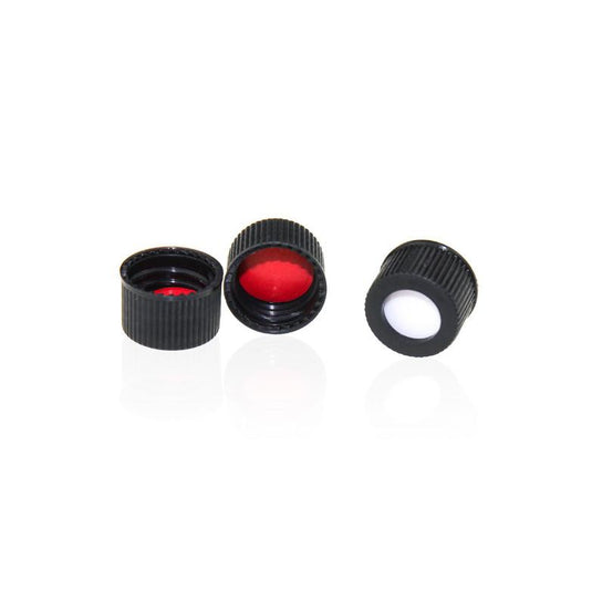 13-425 Black PP Open Top Screw Cap with Red PTFE/White Silicone Septa 1mm Thick. 100 pcs/pk, 30pk/case.