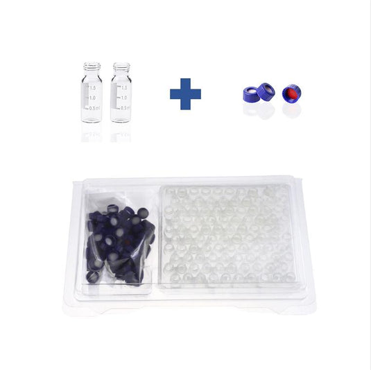 2mL Clear Glass 12×32mm Flat Base 9-425 Screw Thread Vial with Label. Blue 9-425 Open Top Ribbed Screw Cap with 9mm Red PTFE/White Silicone Septa 1mm Thick. Kit Packing.100pcs/pk