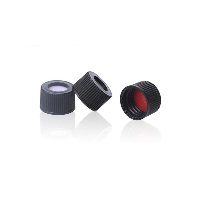 13-425 Black PP Open Top Screw Cap with Red PTFE/White Silicone Septa 1mm Thick Pre-slit. 100 pcs/pk.