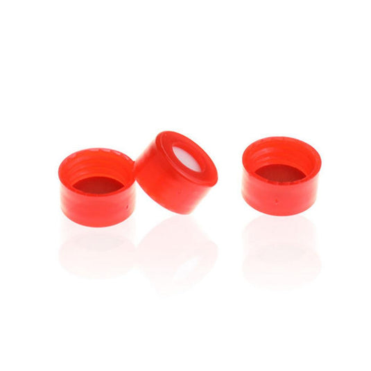 Red 9-425 Open Top Smooth Screw Cap with 9mm Red PTFE/White Silicone 1mm Thick (UltraClean). 100pcs/pk, 10pk/case.