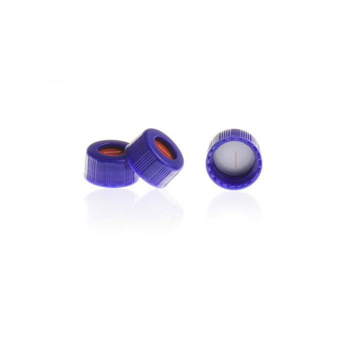 9-425 Blue Open Top Ribbed Screw Cap with 9 mm White PTFE/Red Silicone Septa 1.0mm Thick Pre-Slit. 100pcs/pk.