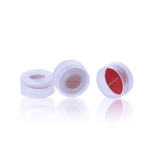 Clear 11mm Open Top Snap Cap with Red PTFE/White Silicone Septa 1mm Thick PRE-SLIT. 100pcs/pk.