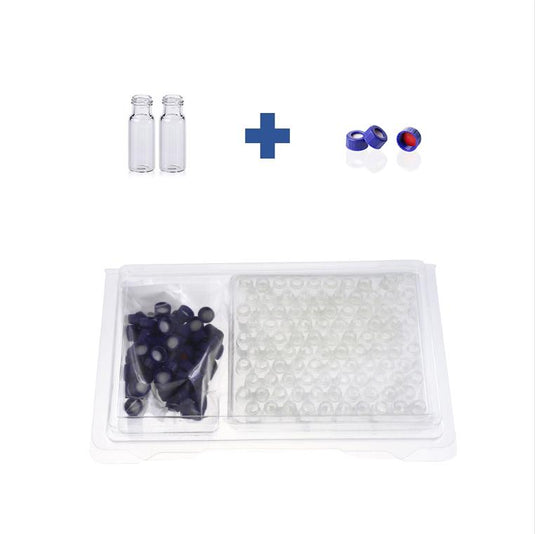 2mL Clear Glass 12×32mm Flat Base 9-425 Screw Thread Vial. Blue 9-425 Open Top Ribbed Screw Cap with 9mm Red PTFE/White Silicone Septa 1mm Thick. Kit Packing.100pcs/pk