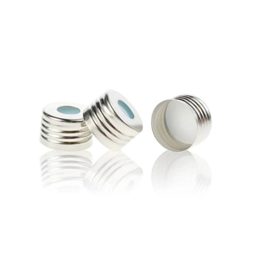 18mm Silver Color Open Top Metal Cap (8mm hole) with 17.5mm White PTFE/Blue Transparent Silicone Septa 1.5mm Thick (UltraClean). 100pcs/pk, 10pk/case.