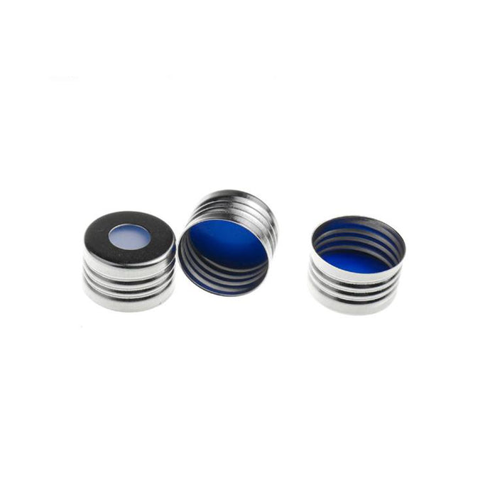 18mm Silver Color Open Top Metal Cap (8mm hole) with 17.5mm Blue PTFE/White Silicone Septa 1.5mm Thick. 100 pcs/pk.