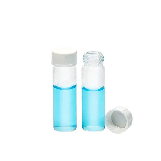 7mL Clear Glass Scintillation Vial 17×54mm with 15-425 White Closed Top PP Cap and Silver Aluminum Foil Liner. Vial+Cap+Septa are pre-assembled together. Packed with dividers. 200pcs/pk.