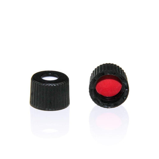 Black 8-425 Open Top Screw Cap with 8mm Red PTFE/White Silicone Septa 1.5mm Thick (UltraClean). 100pcs/pk, 10pk/case.