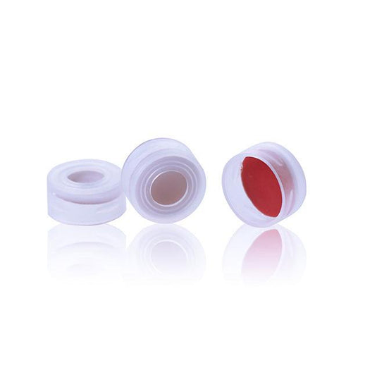 Clear 11mm Open Top Snap Cap with Red PTFE/White Silicone Septa 1mm Thick. 100pcs/pk.