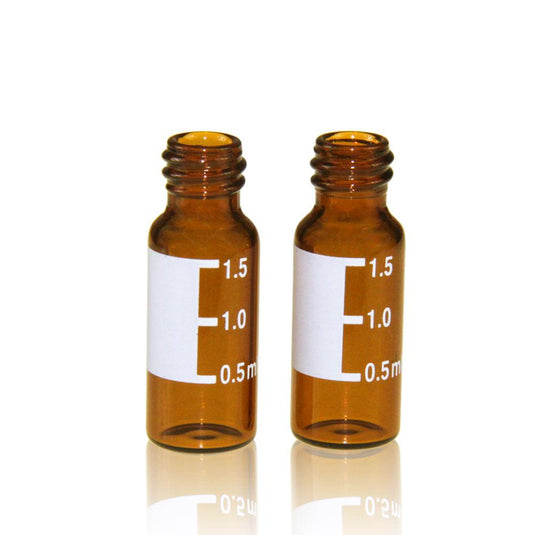 2mL Amber Glass 12×32mm Flat Base 8-425 Screw Thread Vial with Label. 100pcs/pk, 50pk/case.