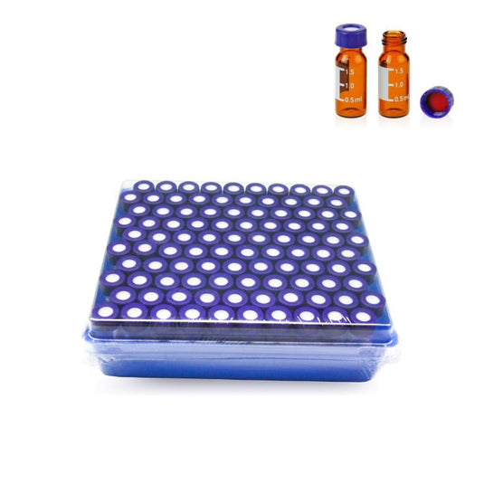 2mL Amber Glass 12×32mm Flat Base 9-425 Screw Thread Vial with Label. Blue 9-425 Open Top Ribbed Screw Cap with 9mm Red PTFE/White Silicone Septa 1mm Thick (UltraClean). Blue Kit Packing. 100pcs/pk, 10pk/case.