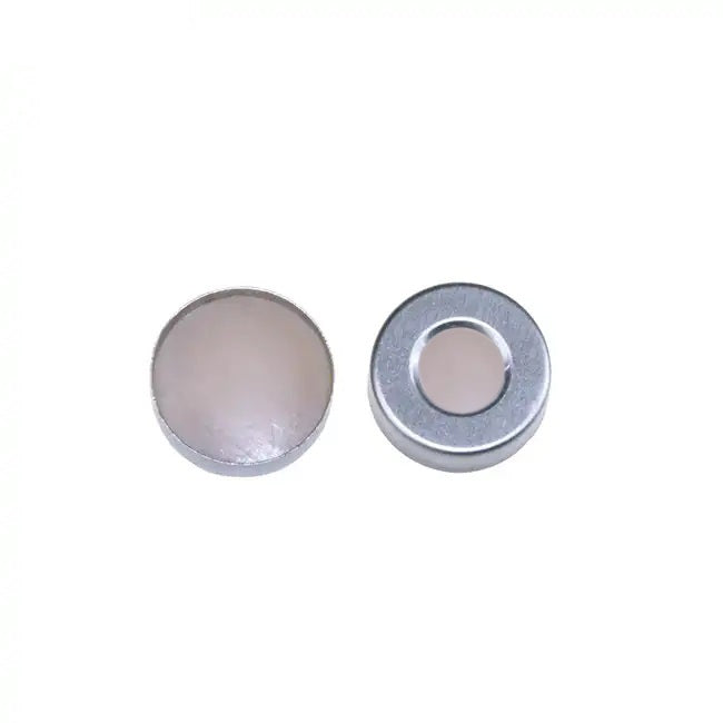 20mm Open Top Aluminum Crimp Cap (10mm hole) with 20mm Natural PTFE/Natural Silicone Septa 2.5mm Thick. 100pcs/pk, 30pk/case.