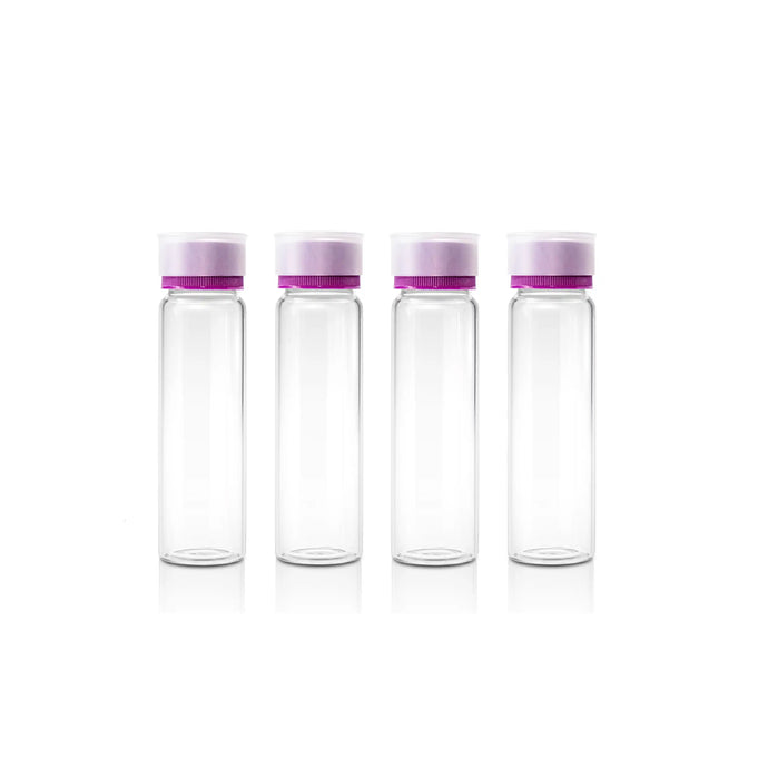 Pre-cleaned and certified (<10 ppb TOC) 40mL 27.5x95mm Clear Glass Vial 24-414 Purple Open Top PP Screw Cap Bonded with 22mm Natural PTFE/White Silicone 1.5mm thick Septa and Dust Cover. Pre-assembled. 72pcs/pk