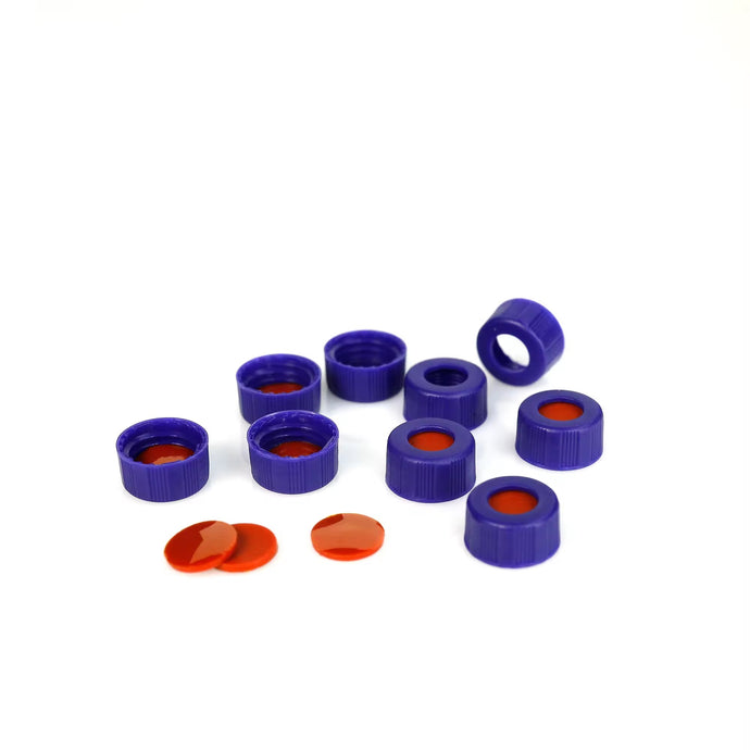 Blue 9-425 Open Top Ribbed Screw Cap with 9mm Septa Polyimide/Red Silicone for PFAS Analysis, 1mm Thick. 100pcs/pk, 50pk/case