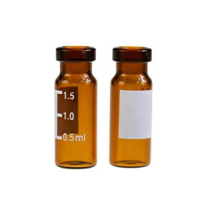 2mL Amber Glass Flat Base 11mm Crimp Vial Wide Opening with Label. 100pcs/pk, 50pk/case.