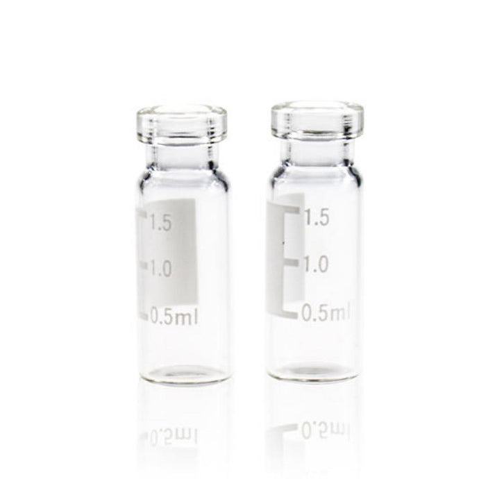 2mL Clear Glass Flat Base 11mm Crimp Vial Wide Opening with Label. 100pcs/pk, 50pk/case.