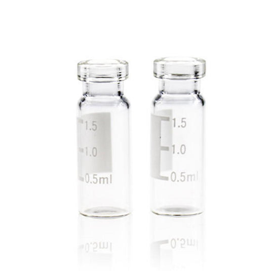 2mL Clear Glass Flat Base 11mm Crimp Vial Wide Opening with Label. 100pcs/pk, 50pk/case.
