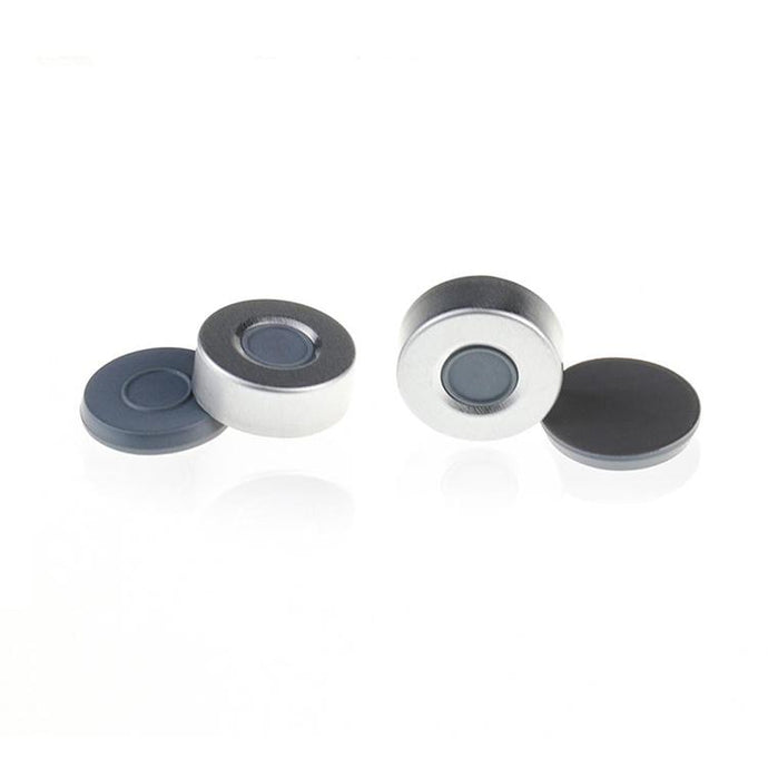 20mm Open Top Aluminum Crimp Cap (10mm hole) with Moulded Grey PTFE/Butyl Septa one ring 3.0mm Thick. 100pcs/pk, 30pk/case.