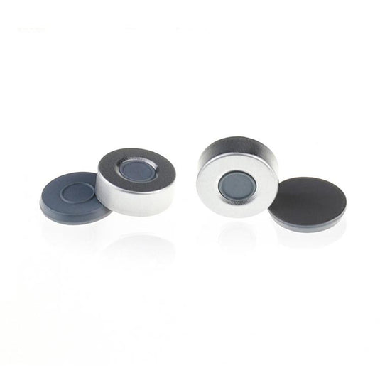20mm Open Top Aluminum Crimp Cap (10mm hole) with Moulded Grey PTFE/Butyl Septa one ring 3.0mm Thick. 100pcs/pk, 30pk/case.