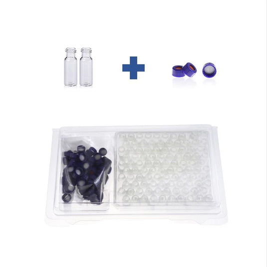 2mL Clear Glass 12×32mm Flat Base 9-425 Screw Thread Vial. Blue 9-425 Open Top Ribbed Screw Cap with 9mm White PTFE/Red Silicone Septa 1mm Thick PRE-SLIT. Kit Packing. 100pcs/pk, 50pk/case.