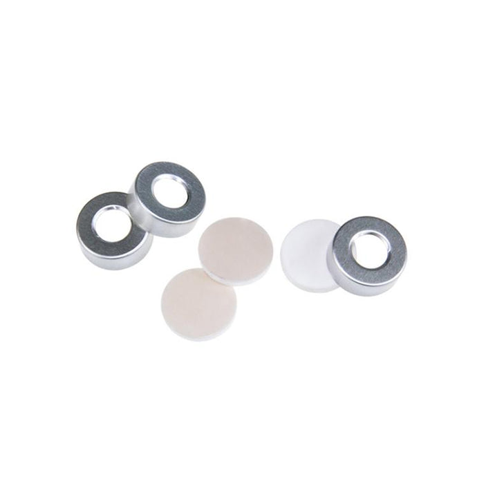 20mm Open Top Aluminum Crimp Cap (10mm hole) with 20mm Natural PTFE/White Silicon Septa, 3.0mm Thick. 100pcs/pk, 30pk/case.
