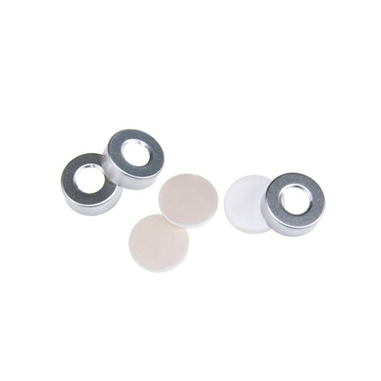 20mm Open Top Aluminum Crimp Cap (10mm hole) with 20mm Natural PTFE/White Silicon Septa, 3.0mm Thick. 100pcs/pk, 30pk/case.