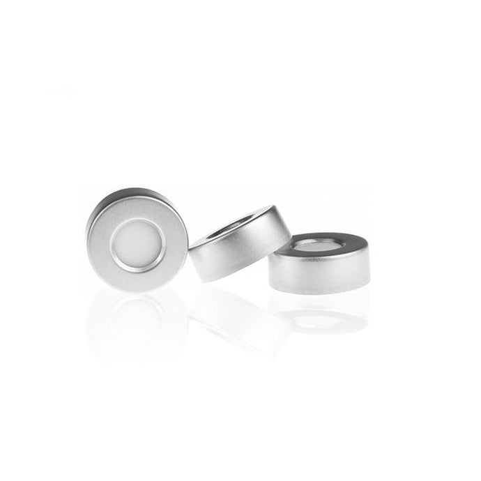 20mm Open Top Aluminum Crimp Cap (10mm hole) with 20mm White PTFE/White Silicon Septa, 3.0mm Thick. 100pcs/pk, 30pk/case.