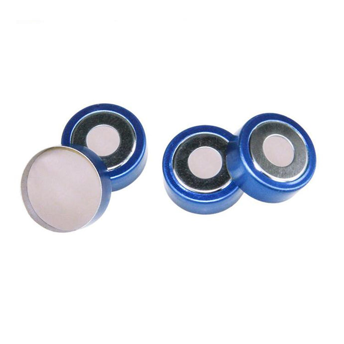 20mm Open Top Bi-Metallic Crimp Cap (8mm hole) Blue & Silver with 20mm Natural PTFE/Natural Silicone Septa 3mm Thick. 100pcs/pk, 30pk/case.