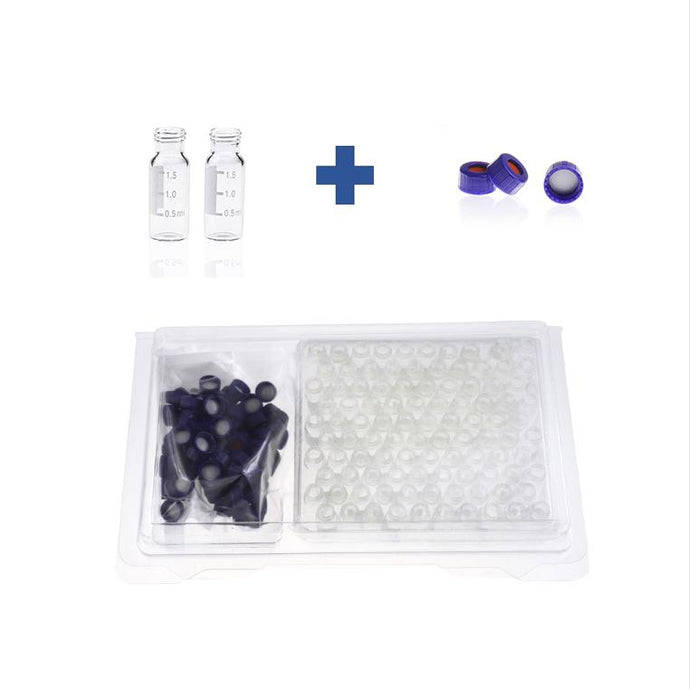2mL Clear Glass 12×32mm Flat Base 9-425 Screw Thread Vial with Label. Blue 9-425 Open Top Ribbed Screw Cap with 9mm White PTFE/Red Silicone Septa 1mm Thick. Kit Packing. 100pcs/pk, 50pk/case.