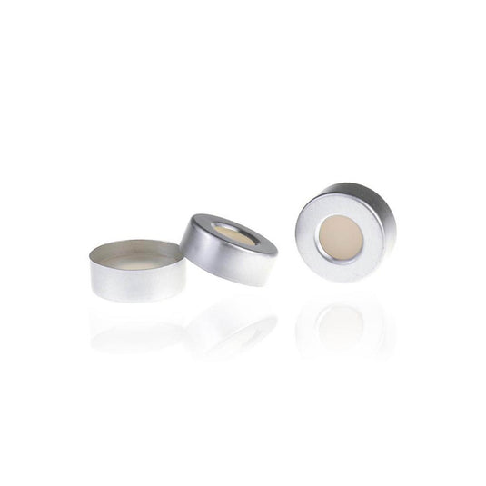 20mm Open Top Aluminum Crimp Cap (10mm hole) with 20mm Natural PTFE/Natural Silicon Septa, 3.0mm Thick. 100pcs/pk.