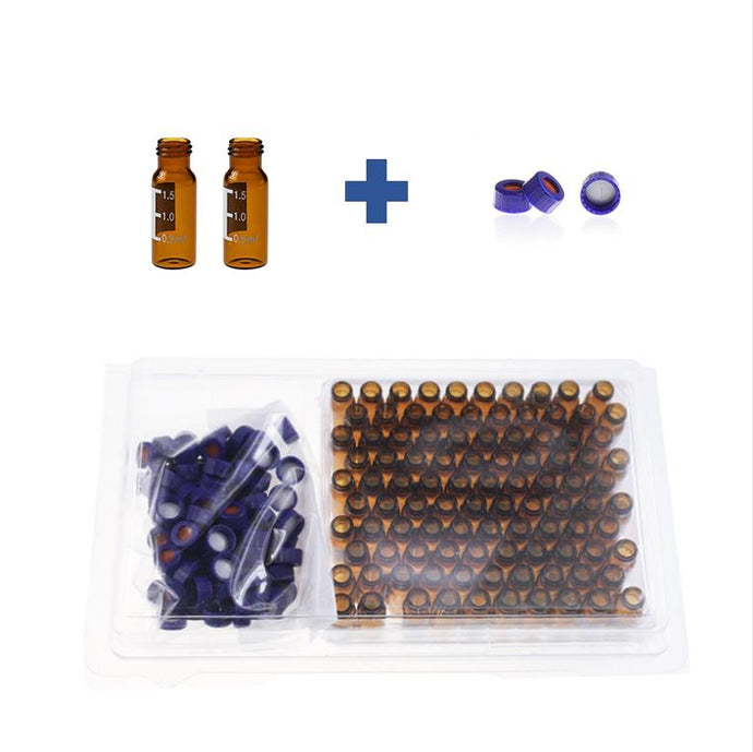2mL Amber Glass 12×32mm Flat Base 9-425 Screw Thread Vial with Label. Blue 9-425 Open Top Ribbed Screw Cap with 9mm White PTFE/Red Silicone Septa 1mm Thick PRE-SLIT. Kit Packing. 100pcs/pk, 50pk/case.