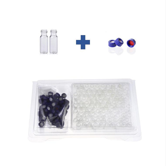2mL Clear Glass 12×32mm Flat Base 9-425 Screw Thread Vial. Blue 9-425 Open Top Ribbed Screw Cap with 9mm Red PTFE/White Silicone Septa 1mm Thick PRE-SLIT. Kit Packing. 100pcs/pk, 50pk/case.