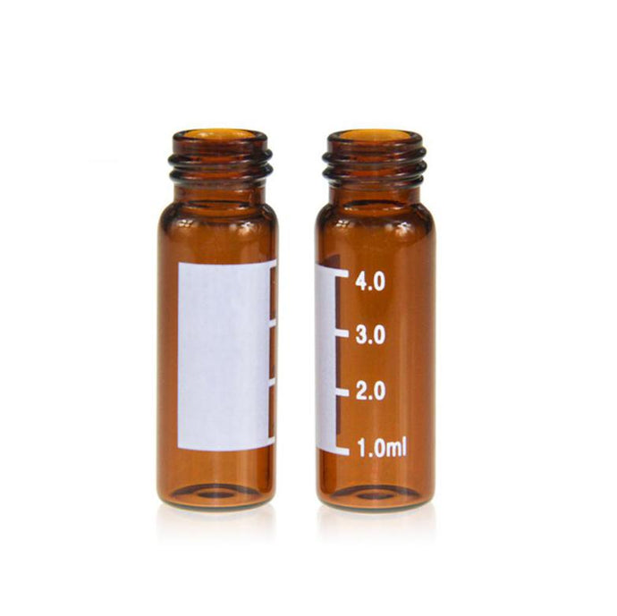 4mL Amber Glass 15×45mm Flat Base 13-425 Screw Thread Vial with Label, 100pcs/pk, 30pk/case.