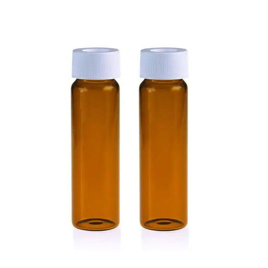 40mL 27.5×95mm Amber Glass EPA/TOC Vial 24-400 White Open Top PP Screw Cap with 22mm Natural PTFE/White Silicone 3.0mm thick Septa (EPA Quality). 72pcs/pk.